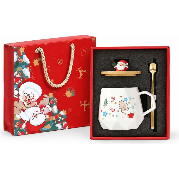 Keramik-Weihnachtstasse mit Deckel und Löffel im Geschenkset Weihnachtsmann Rot 28 x 16 x 23 cm