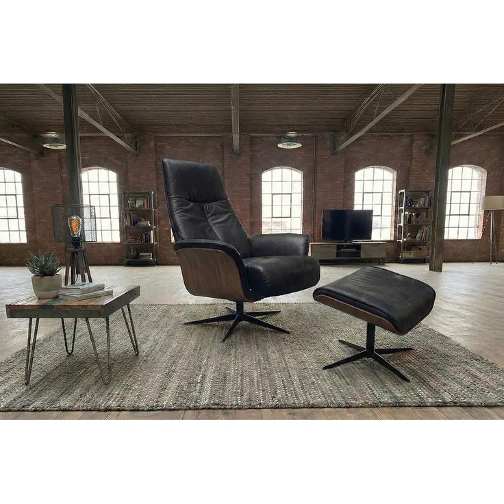 KAWOLA Relaxsessel FERREIRA Drehsessel Lederfaserstoff schwarz mit Hocker 106 x 84 x 78 cm