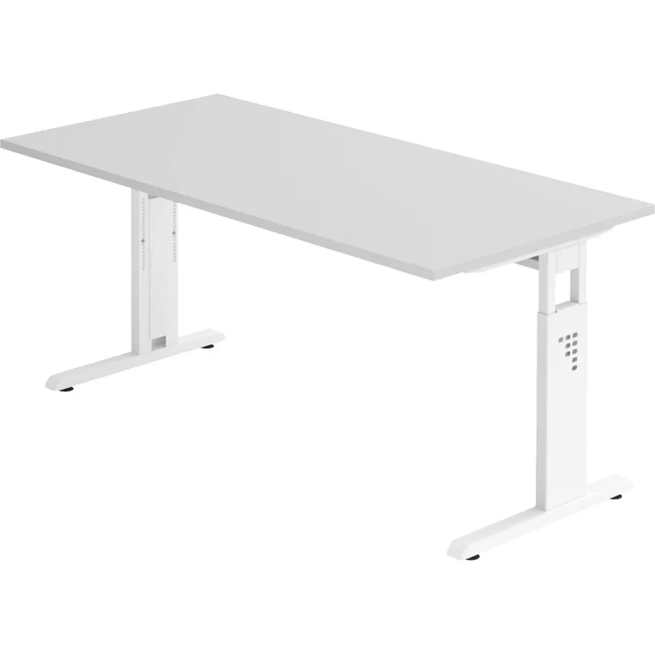 bümö höhenverstellbarer Schreibtisch O-Serie 160x80 cm in grau, Gestell in weiß - PC Tisch für's Büro manuell höhenverstellbar, Computertisch verstellbar, OS-16-5-W