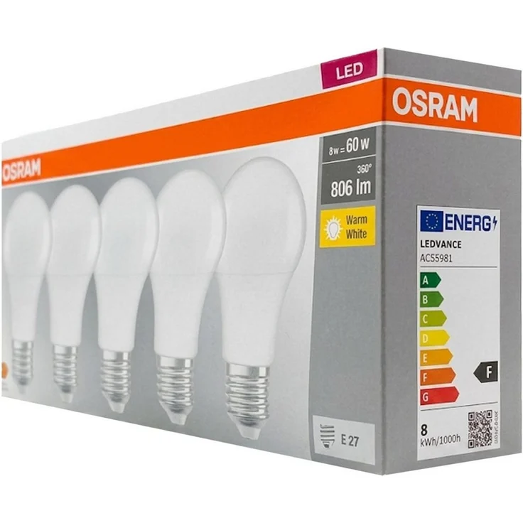 OSRAM LED-Lampe, Sockel: E27, Warm White, 2700 K, 8,50 W, Ersatz für 60-W-Glühbirne, matt, LED BASE CLASSIC A , 10 x 5er-Pack – Bild 2