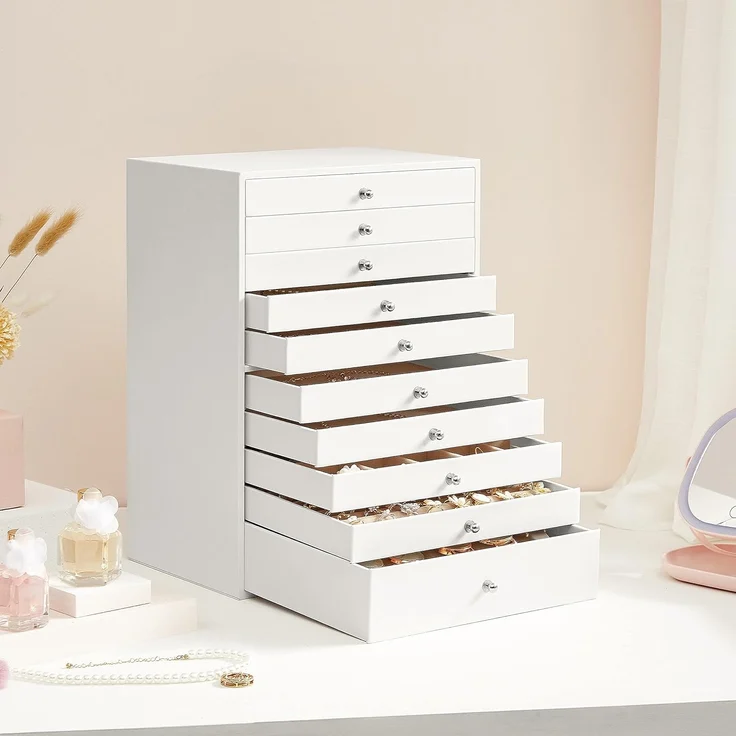 SONGMICS Schmuckkästchen, 10 Ebenen, Schmuckkasten mit Schubladen, Schmuckaufbewahrung geräumig, Schmuckschatulle modern, Geschenkidee, wolkenweiß JBC10W, Weiß – Bild 3