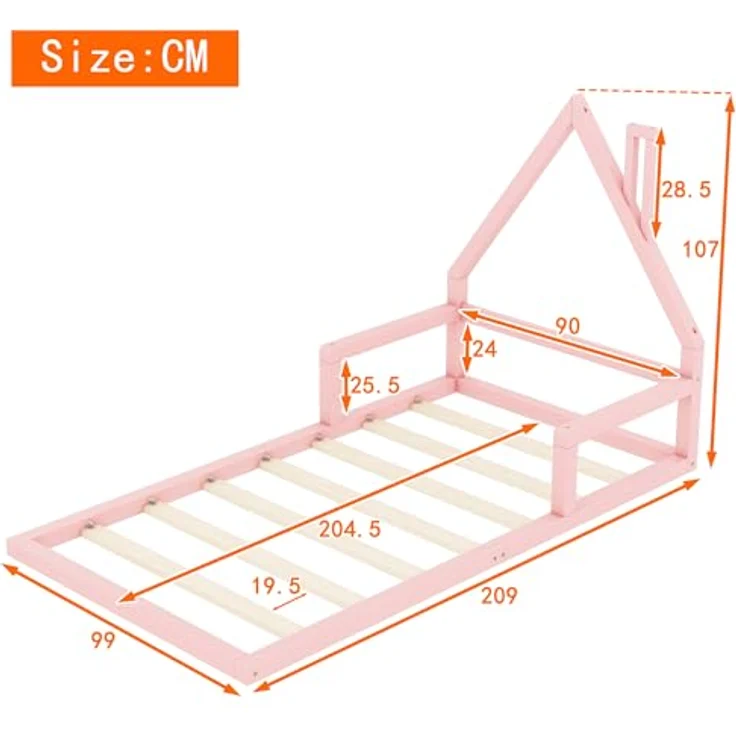 FAVSH Hausbett 90x200 cm Kinderbett mit Rausfallschutz, Lattenrost und Hausdach-Design, Jugendbett aus Kiefernholz, Einzelbett für Kinder und Jugendliche, Bodenbett Rosa – Bild 2