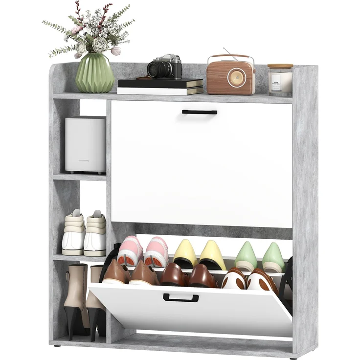 Schuhschrank für 15 Paar Schuhe, moderner Schuhschrank mit 2 Klappschubladen, 83 x 24 x 90,5 cm, weiß und grau – Bild 2