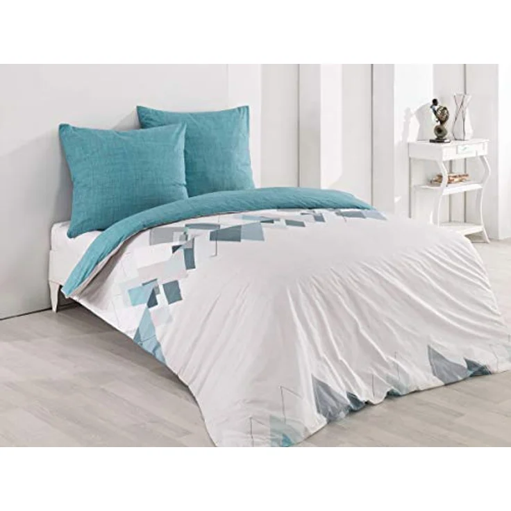 Buymax Bettwäsche Wende-Bettwäsche, Premium, Renforce: 100% Baumwolle, 3 teilig, 200x200 cm, Bettbezug-Set, mit Reißverschluss, Weiß Türkis – Bild 2