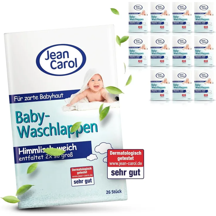 Jean Carol Baby-Waschlappen, weich & zart, Vorteilspackung (12x26 Stück) für die tägliche Pflege