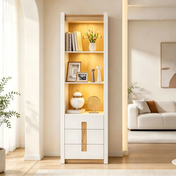 200cm Weiß Vitrinenschrank mit LED Beleuchtung, Bücherschrank mit 3 Schublade mit 3 Staufächern,Schrank für Wohnzimmer Küche Esszimmer , Schließfächer mit Verstellbare Trennwand,55x40x200cm – Bild 2