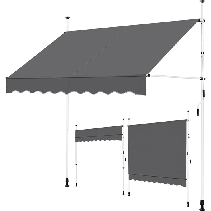 Yaheetech Klemmmarkise 250cm Bereit Balkonmarkise mit Handkurbel Sonnenschutz ohne Bohren Sonnenmarkise höhenverstellbar Markise mit Gestell wasserdicht, Dunkelgrau