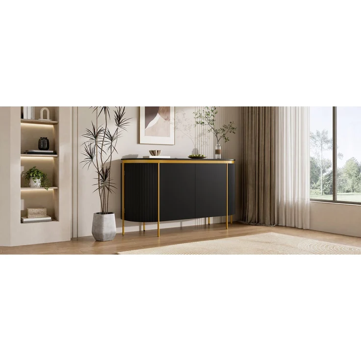 ZUBALIYA Sideboard 140x38x80 cm, mit 4 Türen, aus MDF, Schwarz – Bild 6