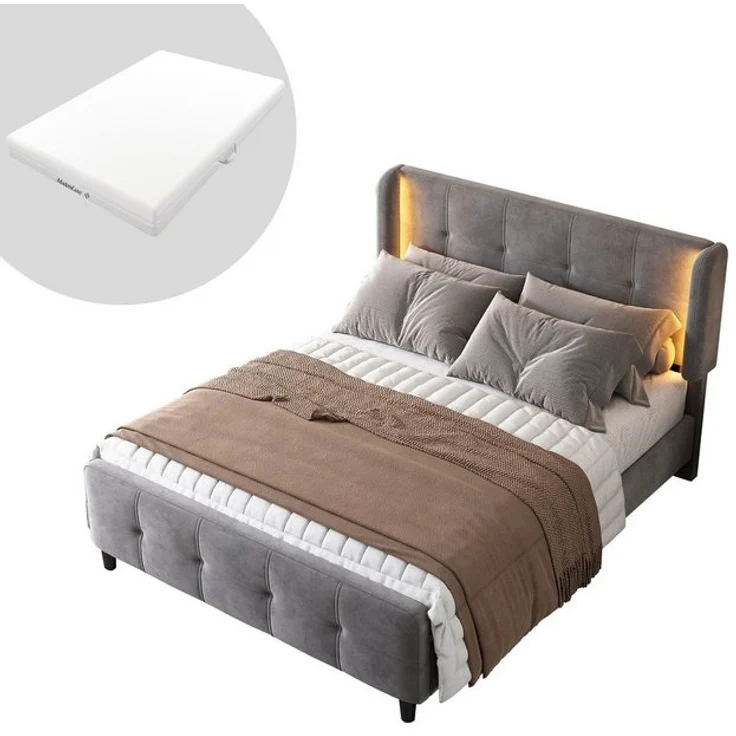HAUSS SPOLE Polsterbett 140x200cm mit LED-Leisten, höhenverstellbares Kopfteil, Samt, Grau (Stauraum im Wohnzimmer und Schlafzimmer, MDF, Samt), Samt 140x200 cm,Inklusive Matratze – Bild 4