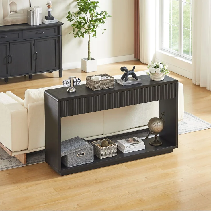 DESVIAE Sideboard Schwarz aus Spanplatte/MDF – 150x85x35 cm – 2 Schubladen, offenes Fach – Bild 1