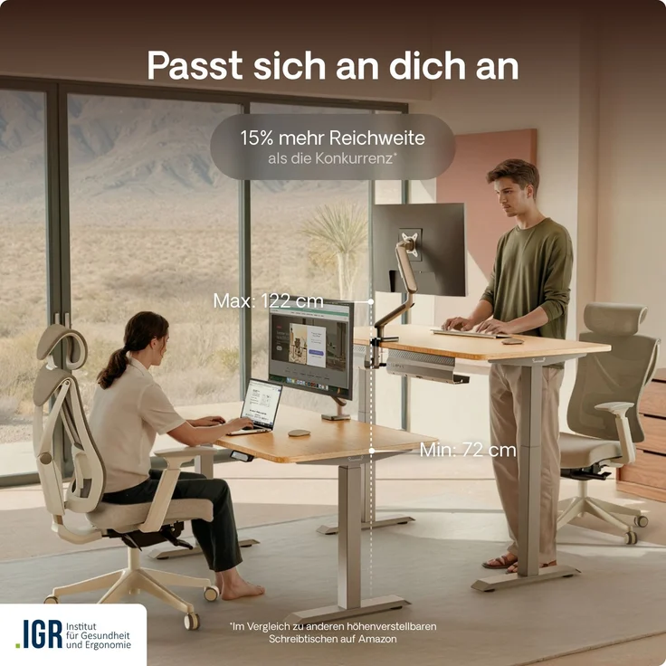 Desktronic HomeOne Elektrisch höhenverstellbarer Schreibtisch 160x80cm Bambus/Grau mit Memory-Funktion, Anti-Kollisions Technologie, USB-A und USB-C-Ladeanschlüssen – Bild 7