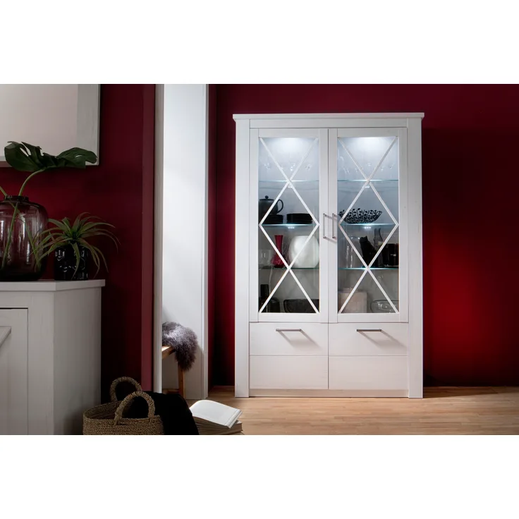 Vitrinenschrank Vitrine Georgia Pinie Struktur weiß im Landhausstil 139x205 cm