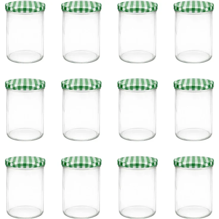 hocz 12x Einmachgläser 435 ml | mit Deckel Grün Kariert TO 82 | leere Gläser mit Schraubdeckel zum befüllen | Sturzgläser, Schraubgläser, Marmeladengläser Set | 12 Stück