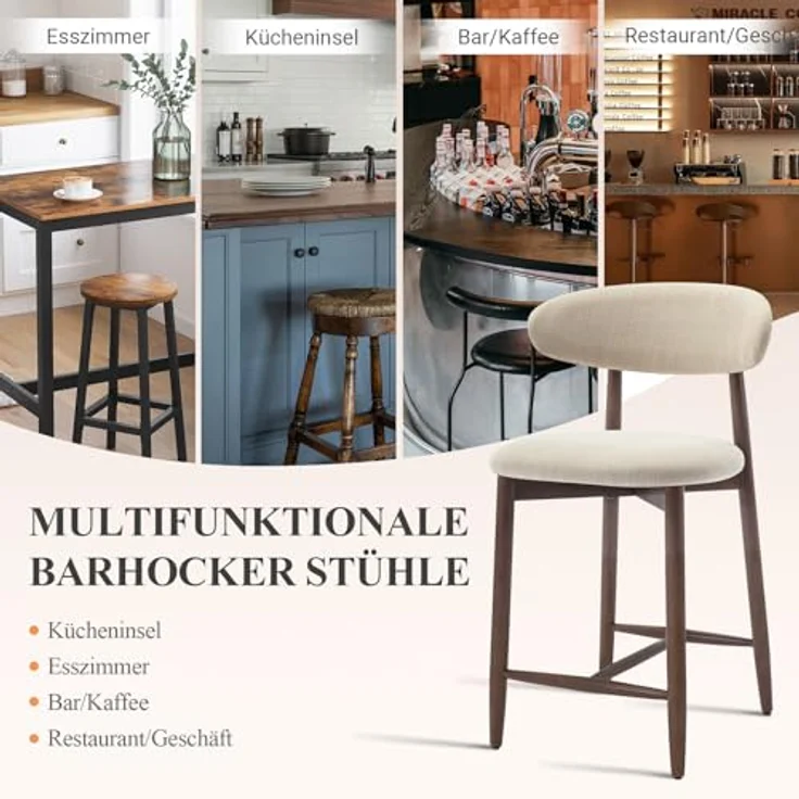 COLAMY Barhocker 2er Set, Tresenhöhe, Küchenhocker mit Rückenlehne, gepolstert im Mid-Century-Modern-Stil, mit Holzbeinen für Kücheninsel und Esszimmer, Beige – Bild 6