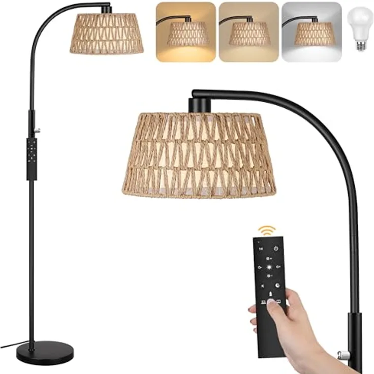 ROTTOGOON Bogen Rattan Stehlampe für Wohnzimmer 3 Farbtemperaturen Dimmbare 9W LED mit Fernbedienung Boho Landhausstil Stehleuchte für Schlafzimmer Büro Schwarz