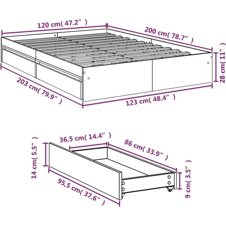 vidaXL Bettgestell mit Schubladen Weiß 120x200 cm Holzwerkstoff 3280664 – Bild 10