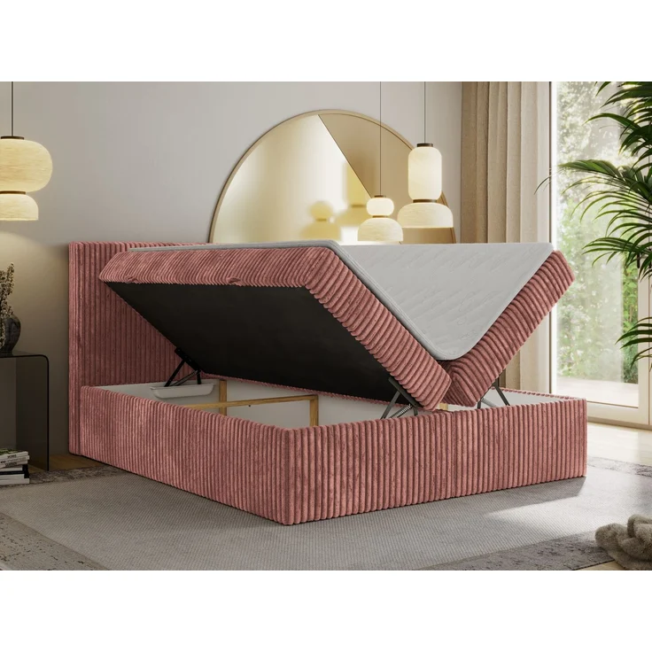 Boxspringbett mit Kopfteil und Topper Visco, Cord Bett - TILIANO - 200 x 200 cm - Rosa Cord - H4 – Bild 3