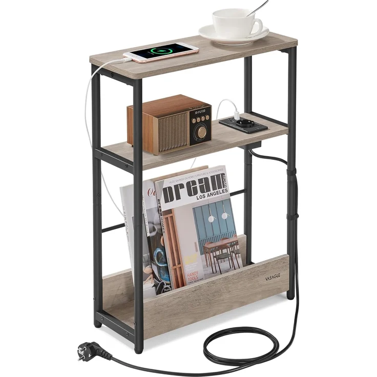 VASAGLE Beistelltisch schmal, Nachttisch mit Ladefunktion, Couchtisch klein, 3 Ablagen, Zeitschriftenhalter, für Wohnzimmer, Schlafzimmer, Arbeitszimmer, Greige meliert-tintenschwarz LET335K05 – Bild 1