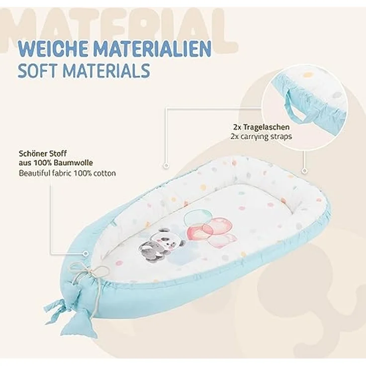 Joyz Babynest, Panda Hellblau, 90x50 cm, Baumwolle, zweiseitig, antiallergisch, tragbar, Multifunktionale Babynestchen, Kokon für Babys & Säuglinge, Baby Nest Babybett Neugeborene Kuschelnest Reisebett – Bild 4