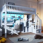 Merax Hochbett, Etagenbett 90*200cm , mit Ferngesteuertes Ambientelicht, Ablageleiter, Regale, Ablagefächer, Schreibtisch, ohne Matratze, Weiß