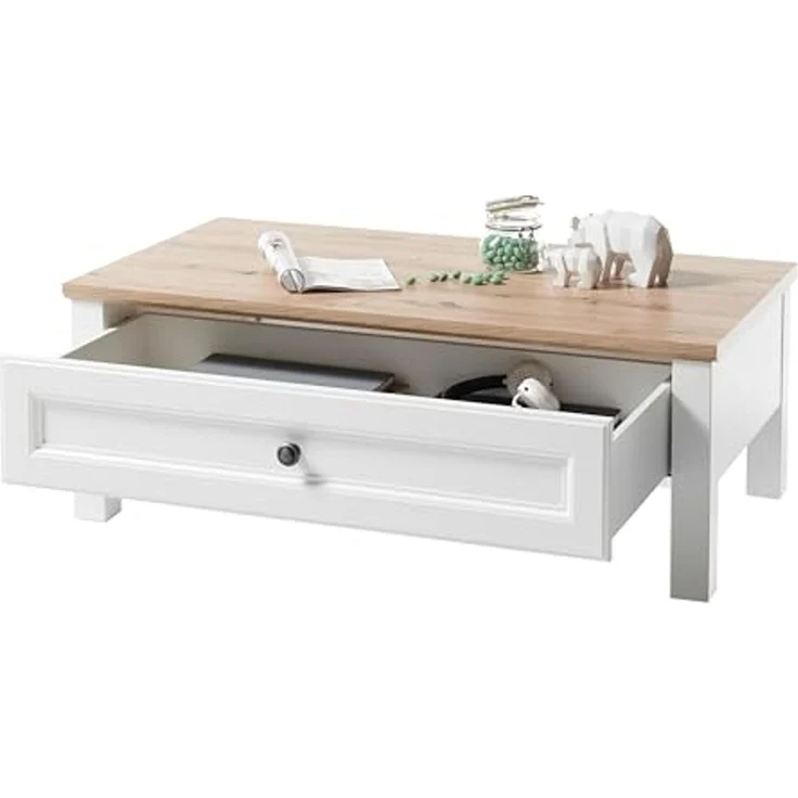 Stella Trading TOSKANA Couchtisch in Artisan Eiche Optik, Weiß - Sofatisch im Landhausstil mit Schublade für Ihr Wohnzimmer - 110 x 41 x 60 cm (B/H/T) – Bild 4