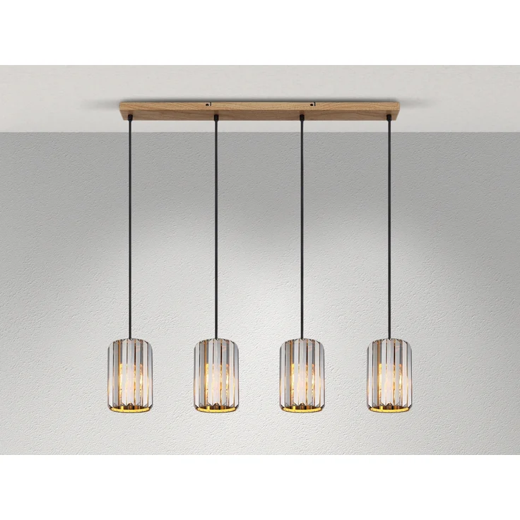Hängeleuchte, 4-Flammig, Holzoptik, Kristall rauch, L 88 cm – Bild 3