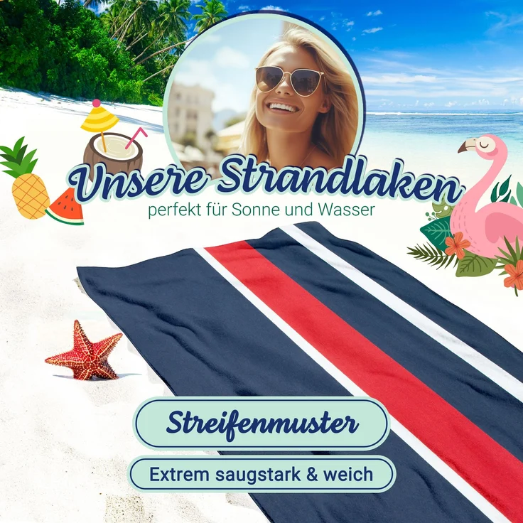 ZOLLNER Strandtuch XXL aus Baumwolle, 100x200 cm, blau-rot-weiß gestreift – Bild 3