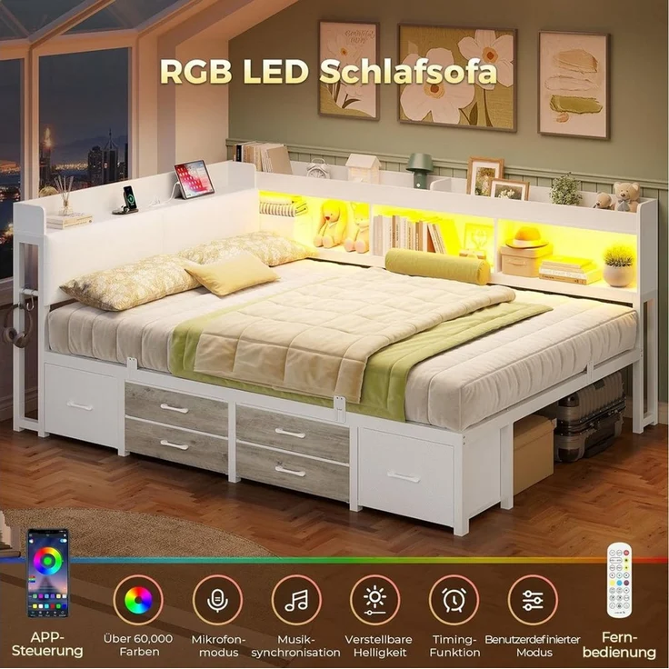 MSMASK Daybett Tagesbett Schlafsofa mit LED-Beleuchtung & Ladestation, Jugendbett mit 6 Staufächern und 6 Schubladen – Liegefläche 140x190 cm – Bild 4