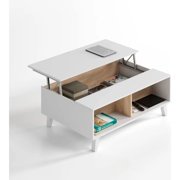 Habitdesign Raising Couchtisch, Zaiken Plus Modell, Glänzend Weiß und Kanadische Eiche, Maße: 100 cm (Breite) x 38/48 cm (Höhe) x 68 cm (Tiefe)