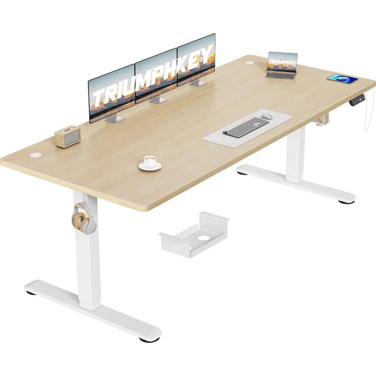 TRIUMPHKEY Höhenverstellbarer Schreibtisch 200x80cm,Sitz‑Erinnerung & USB-A | Schreibtisch Höhenverstellbar mit 3 Memory-Steuerung,Sitz‑Erinnerung & Kabelmanagement, Computertisch,Standing Desk, Beige