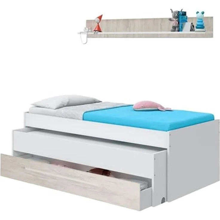Habitdesign, Kinder- und Jugendbett mit 2 Liegeflächen, Schublade und Regal, platzsparendes Funktionsbett in Artik Weiß und Velho, Maße: 96 x 65 x 199 cm (B x H x T), Modell Elliot (ohne Lattenrost) – Bild 4