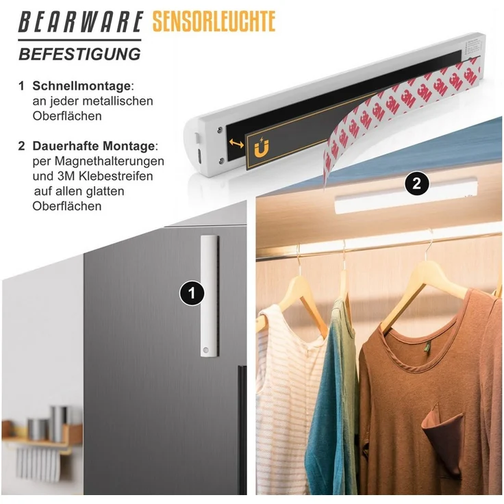 BEARWARE Smarte LED-Leuchte Sensorlicht mit Bewegungsmelder, PIR Sensor, 4 Lichtfarben, Nachtlicht, Farbwechsel, Ein-/Ausschalter, LED fest integriert, Kaltweiß, 2× Warmweiß, Neutralweiß, Flexible Anbringung mit Magnetstreifen, 70 Lumen, 3m Reichweite – Bild 2