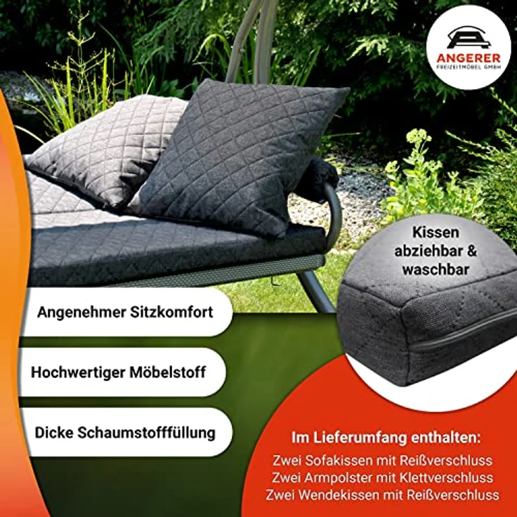 Angerer Freizeitmöbel Hollywoodschaukel 'Elegance Joy', 3-Sitzer grau mit Bettfunktion, waschbaren Bezügen und wetterfestem Sonnendach, Made in Germany, 210 x 145 x 160 cm – Bild 2