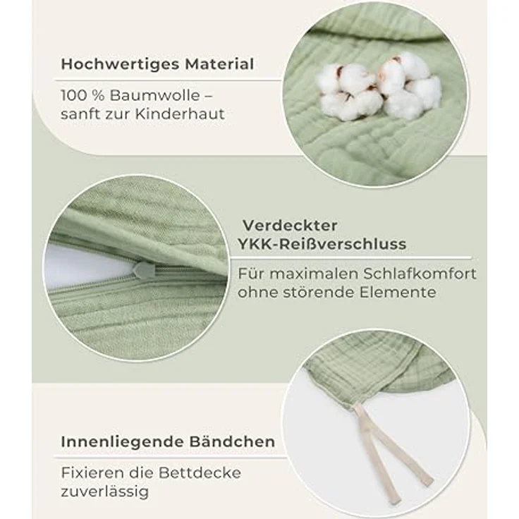 Laynenburg Kinderbettwäsche Musselin 2 teilig aus 100% Baumwolle in 100x135 cm + 40x60 cm, atmungsaktiv & bügelfrei – 3 lagig mit Reißverschluss & Haltebändern – Bild 6