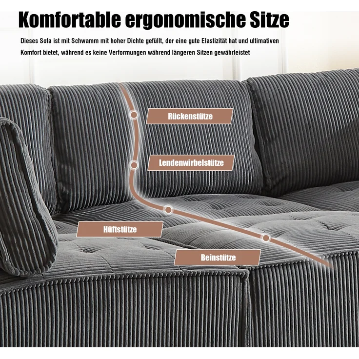 LVHOM Modulares Sofa U Form 308 x 82 x 154 cm, 6-Sitzer mit Schlaffunktion, Modular Cord Ecksofa, umwandelbares Schaumstoffsofa, Sofagarnitur, Schwarz – Bild 4