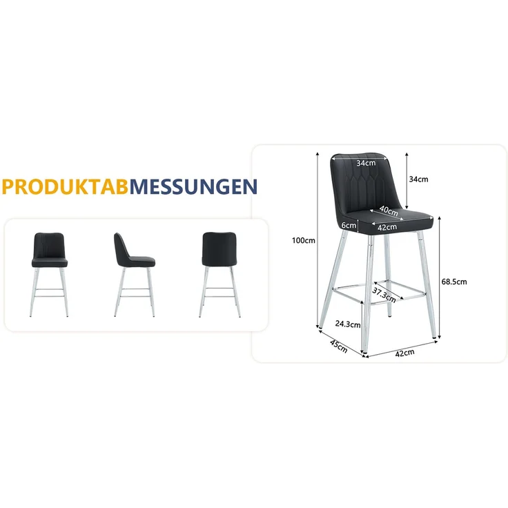 2er-Set Barhocker, 100 cm hoch, schwarzes PU-Leder mit silberfarbenem Metallgestell und bequemer Fußraste, In mehreren Farben erhältlich – die ideale Wahl für Ihre Hausbar.--Schwarz+Silber--42x45x100cm--YOUDENOVA – Bild 9