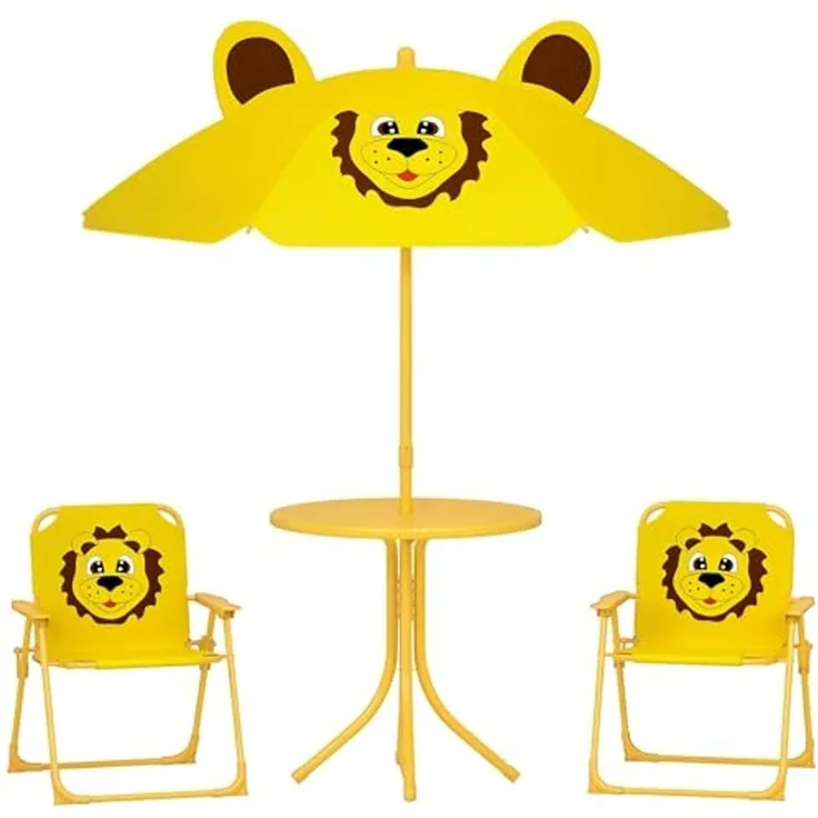 AIYAPLAY Garten-Kindersitzgruppe Kindersitzgarnitur mit höhenverstellbarem Sonnenschirm, (Gartentisch, 2 Klappstühle, 4-tlg, Löwen-Design für 2-5 Jahre Kinder), Gelb