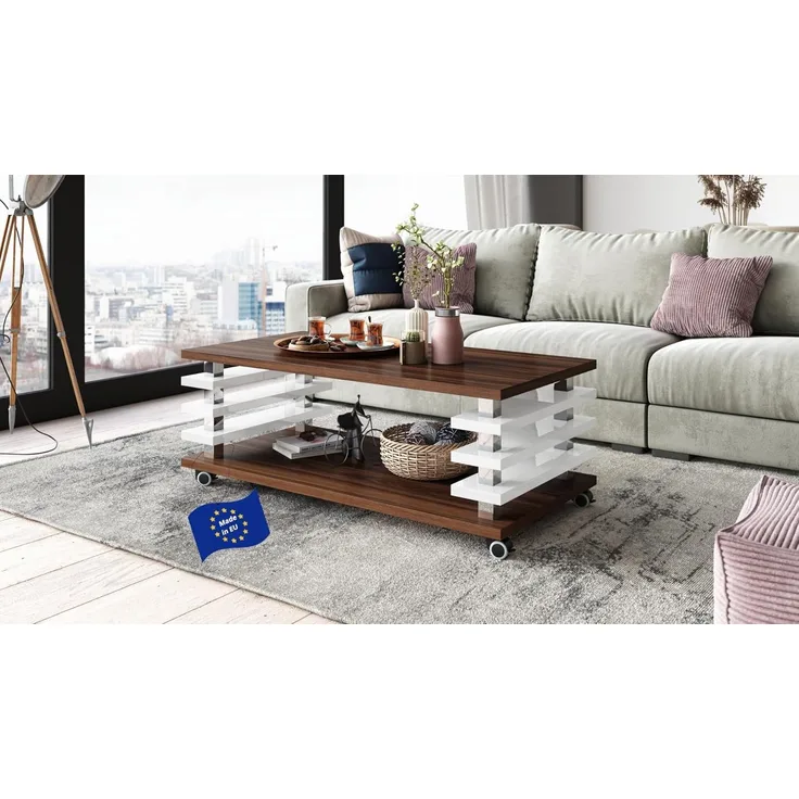 designimpex Couchtisch Carl Svensson DC-3 Wohnzimmertisch Rollen Nussbaum - Weiß Hochglanz