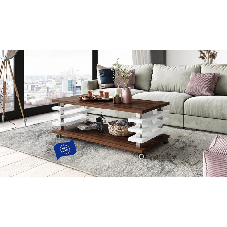 designimpex Couchtisch Carl Svensson DC-3 Wohnzimmertisch Rollen Nussbaum - Weiß Hochglanz – Bild 1