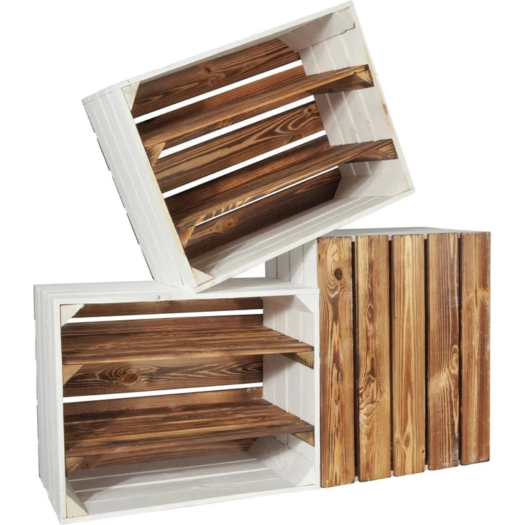 CHICCIE 3 Set Holzkiste Grete Geflammt Weiß 50x40x30cm - 2x Langes Regal Obstkiste Dekokiste Weinkiste – Bild 7