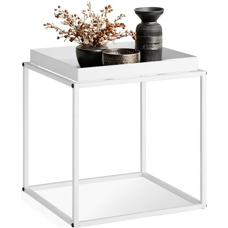 tectake Beistelltisch Ablagetisch, 40 x 40 x 44 cm, mit bodenschonenden Anti-Rutsch-Pads (Sofatisch Cambridge, 1-St, in weiß), Stahl, ausgestattet mit Ablage in Tablettform, lässt sich stapeln