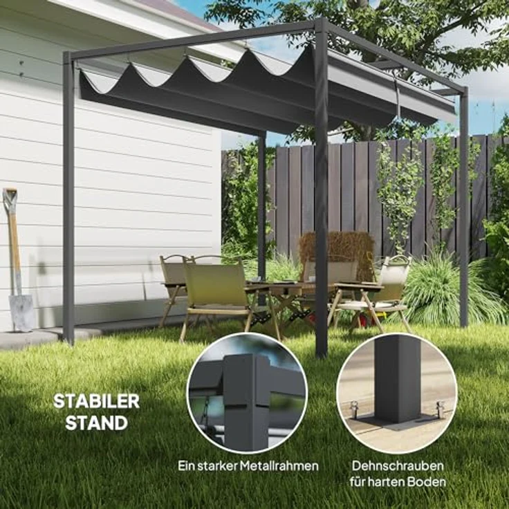 Outsunny Pergola 3x2m Gartenpavillon mit verstellbarem Dach, UV- und Wasserschutz, freistehendes Metall-Dach für Terrasse und Garten, grau – Bild 4