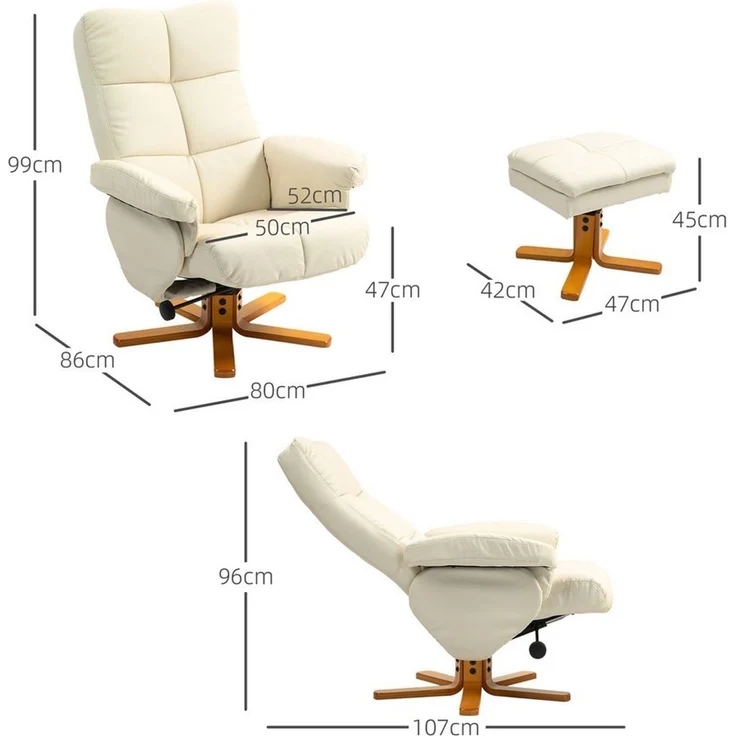 HOMCOM Relaxsessel mit Hocker und Stauraum, mit Liegefunktion (Fernsehsessel, 2-St, 360° drehbarer Sessel), Kunstleder Holzgestell Cremeweiß 80 x 86 x 99cm – Bild 2