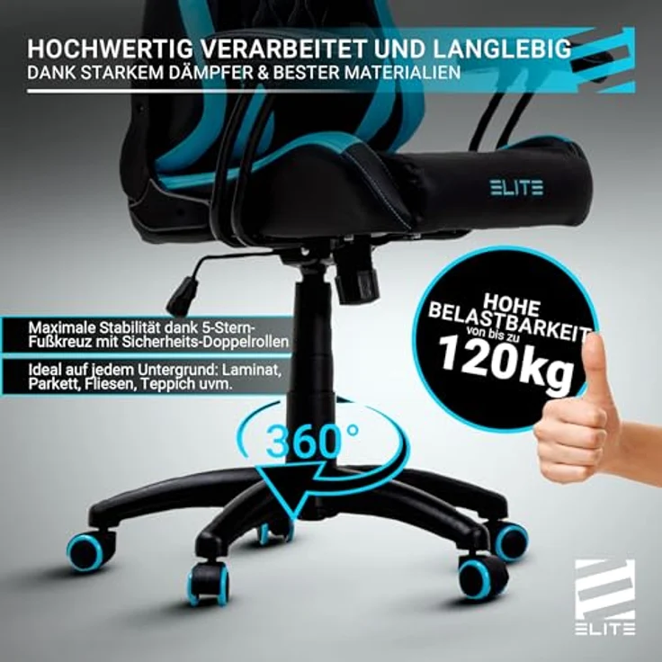 ELITE Pulse - Gaming Stuhl für Kinder - Kunstleder - Ergonomisch - Racer - Drehstuhl - Chair - Bürostuhl - Schreibtischstuhl - Gamer-Design (Schwarz/Blau) – Bild 9