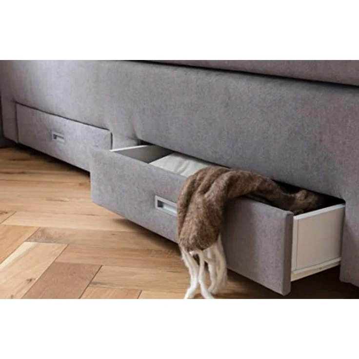 Belanoti Boxspringbett Lara (Boxspringbett 160x200 mit vier Schubladen Stauraum, 7-Zonen Taschenfederkern Matratze inklusive Visco Topper), Bett 160x200 mit Bettkasten in der Farbe Hellgrau H2/H3 Polsterbett – Bild 8