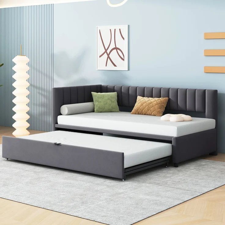 L-förmiges Schlafsofa 90x200 cm mit ausziehbarem Gästebett – Samt Sofa mit Stauraum, Jugendbett, Klappsofa in Dunkelgrau – Bild 1