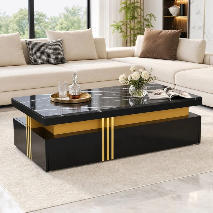 DESVIAE TV-Schrank-Set mit Couchtisch, 200x42x40 cm und 100x40x50 cm, Spanplatte, Schwarz, mit 5 Schubladen – Bild 2