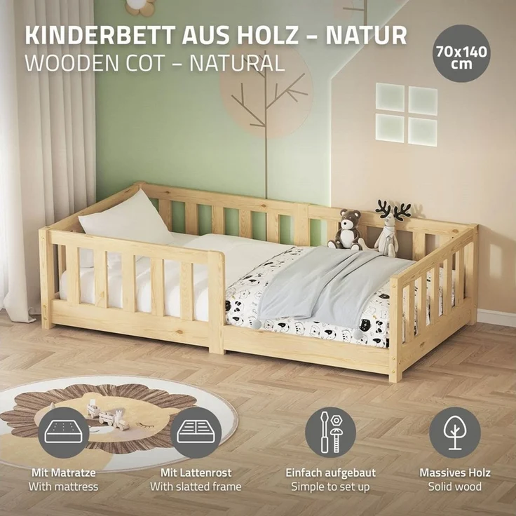ML-DESIGN Spielbett Bodenbett Holzbett mit Lattenrost & Rausfallschutz Jugendbett Babybett, Abenteuerbett mit Matratze H-10 cm 70x140cm Kinderbett Bettgestell – Bild 2