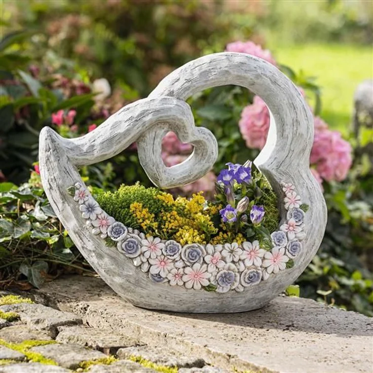 Pflanzschale "Blütenherz" aus Polyresin, Pflanzgefäß, Pflanztopf, Blumentopf, Gartendeko für Draußen – Bild 2
