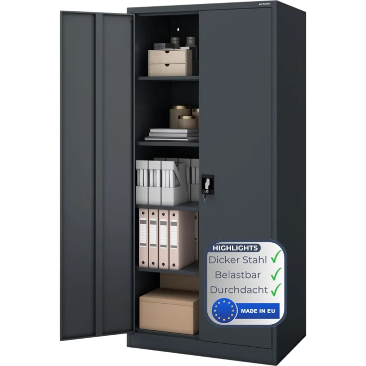 Aktenschrank abschließbar KADO - 5 Ebenen verstellbar, Flügeltüren | Metallschrank Werkstatt Mehrzweckschrank Büroschrank aus Stahl Werkzeugschrank, 195 x 90 x 60 cm Anthrazit – Bild 1